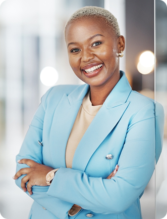 Woman in light blue blazer smiling