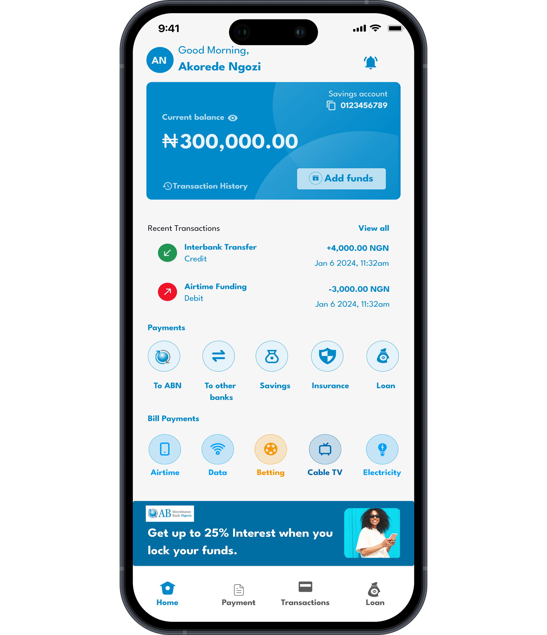 Mobile banking app interface and debit card